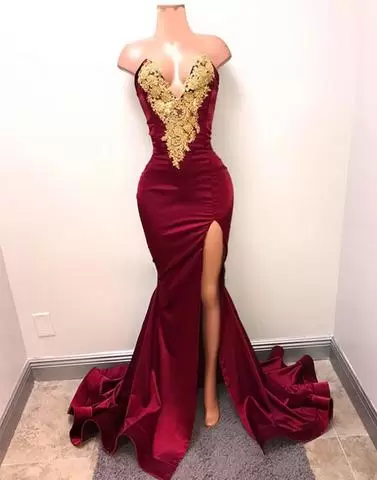 V-neck Sleeveless Prom Dress Sweep Train Appliques Burgundy Satin