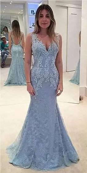 Custom Design Sleeveless Floor Length Appliques Backless Homecoming Dress with Light Blue