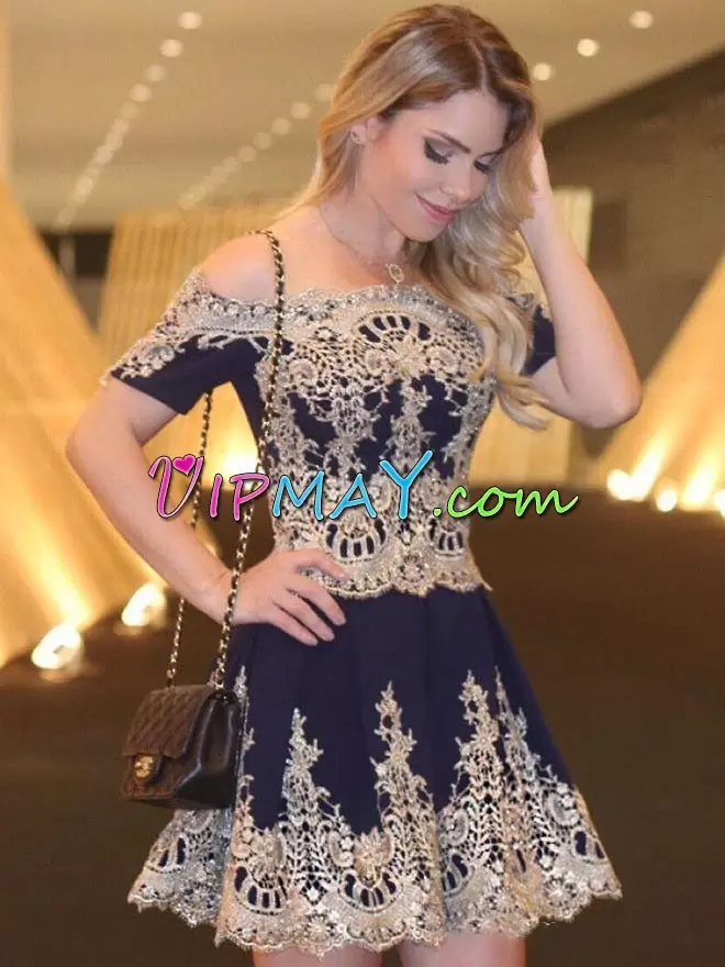 High Class Mini Length Prom Party Dress Navy Blue for Prom and Party and Military Ball with Beading and Lace