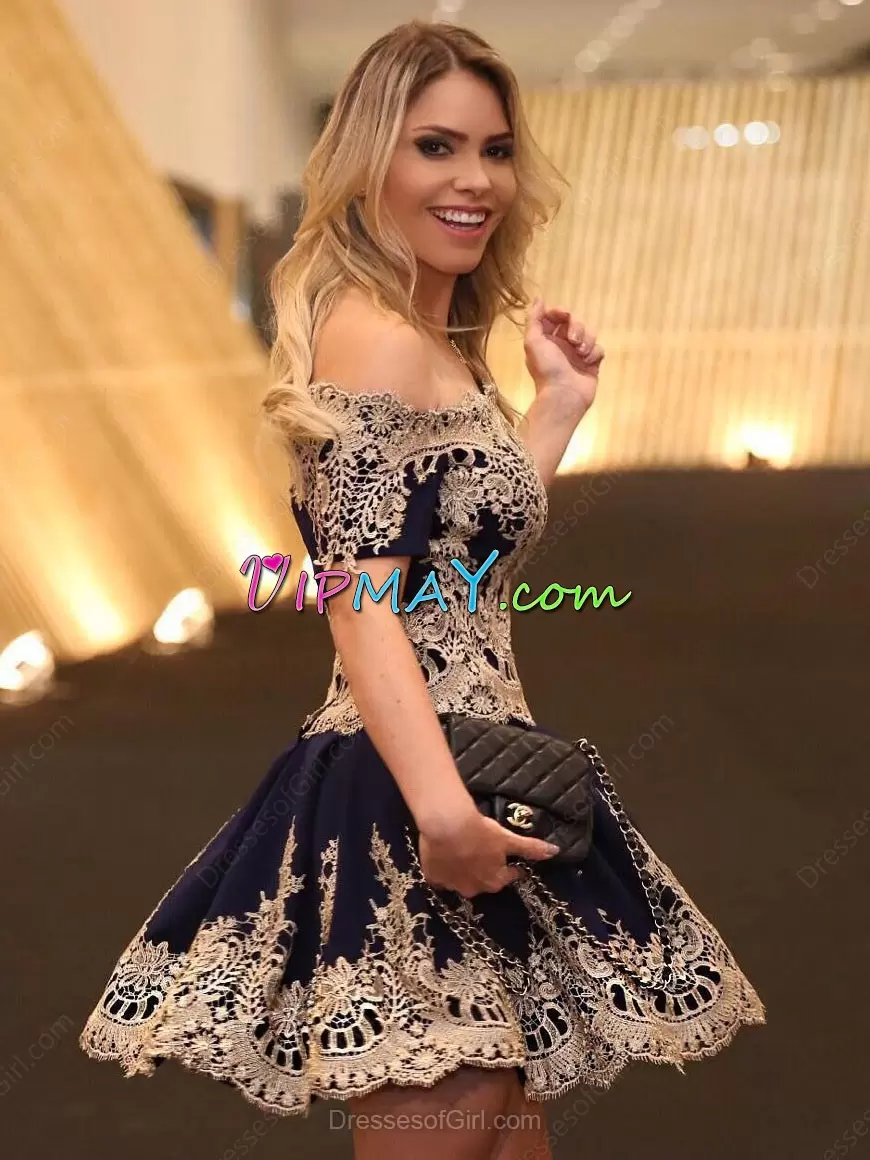High Class Mini Length Prom Party Dress Navy Blue for Prom and Party and Military Ball with Beading and Lace