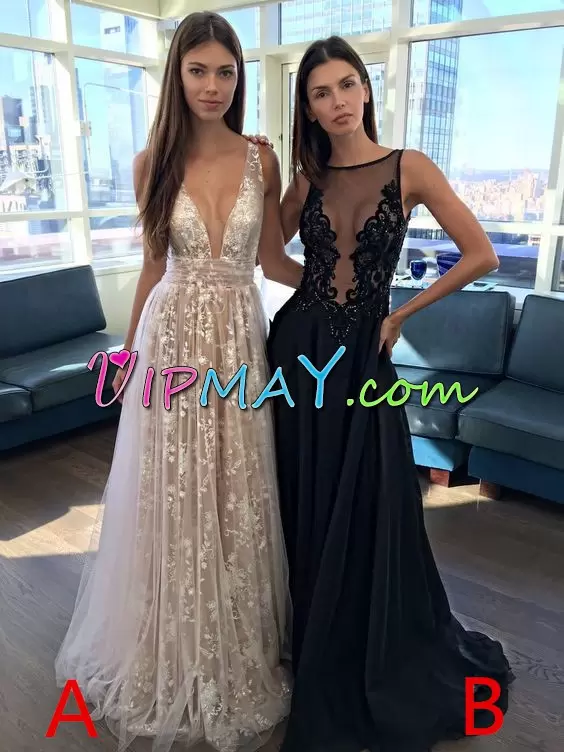 Fabulous Sleeveless V-neck Sweep Train Beading Lace Up Prom Evening Gown