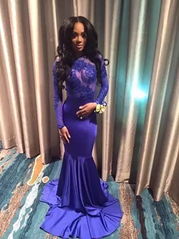 High-neck Long Sleeves Sweep Train Zipper Prom Evening Gown Royal Blue Appliques