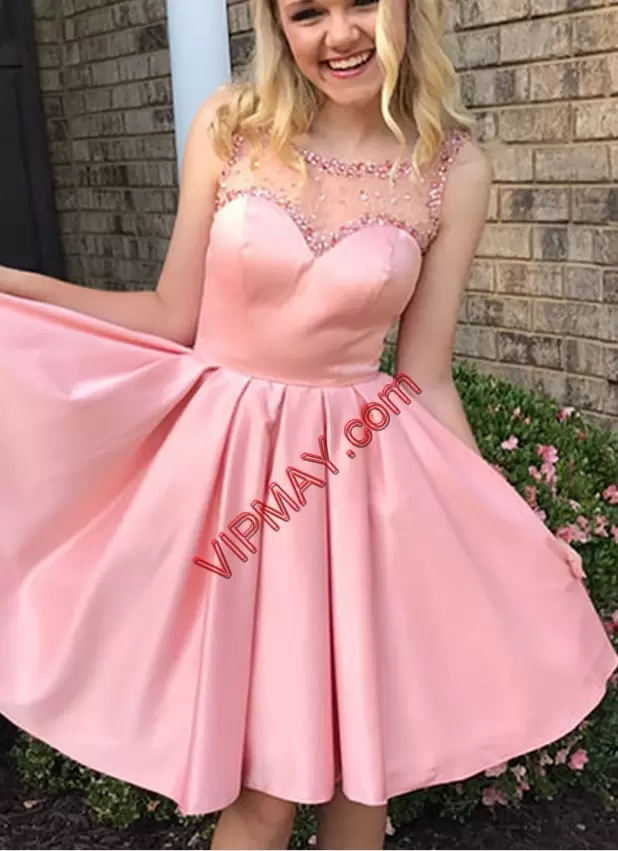 Flare Satin and Tulle Sweetheart Sleeveless Backless Beading Hoco Dress in Pink