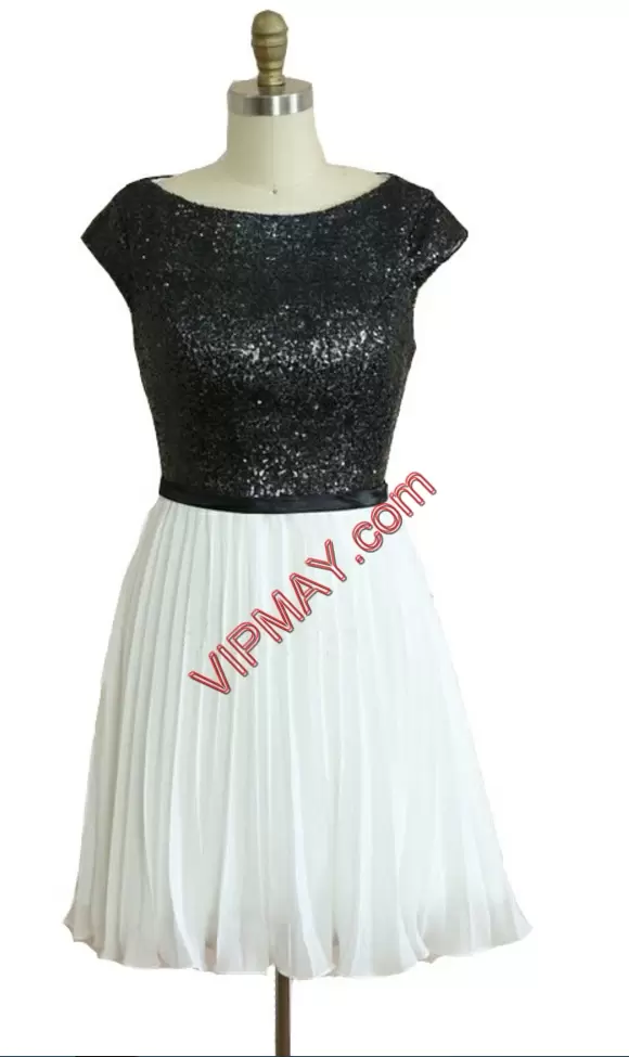 White And Black Zipper Homecoming Dress Pleated Cap Sleeves Mini Length