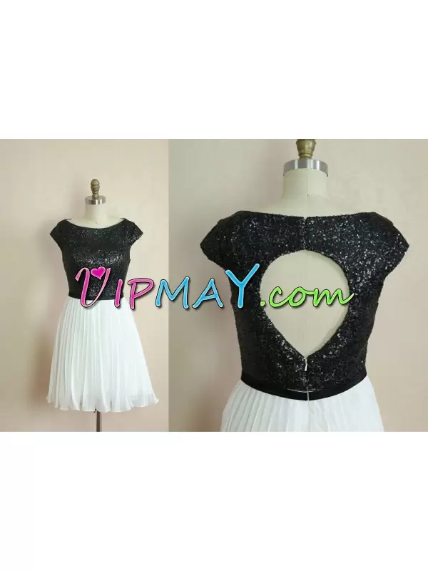 White And Black Zipper Homecoming Dress Pleated Cap Sleeves Mini Length