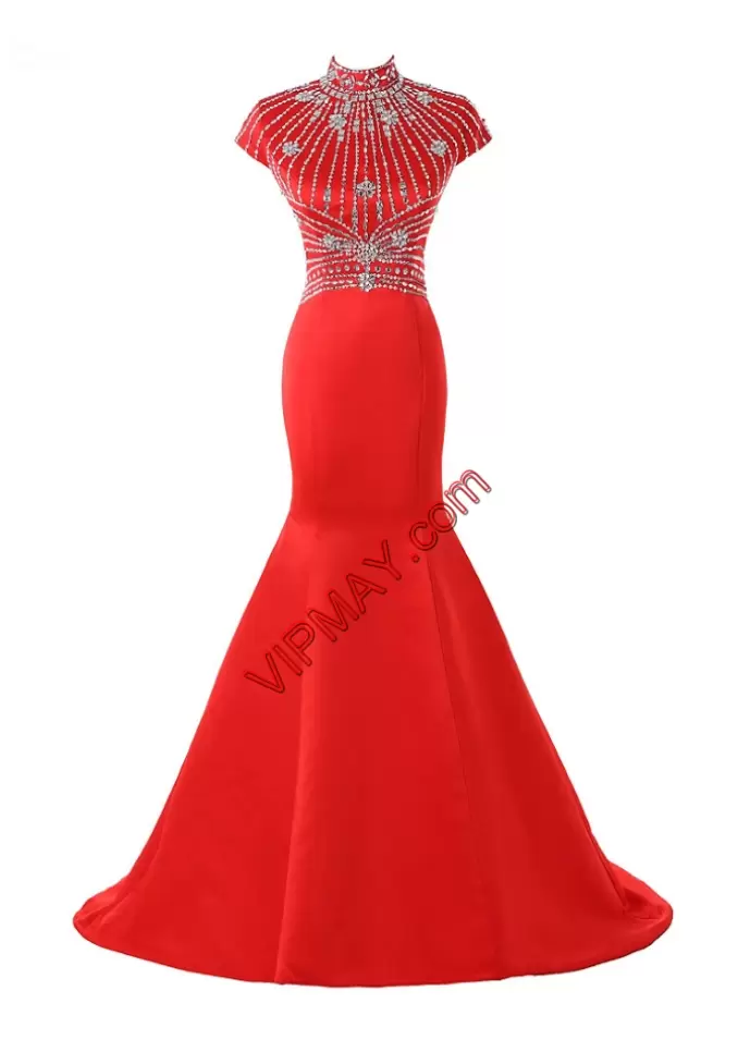 Colorful Red Satin Lace Up Homecoming Gowns Sleeveless Floor Length Sweep Train Beading and Lace