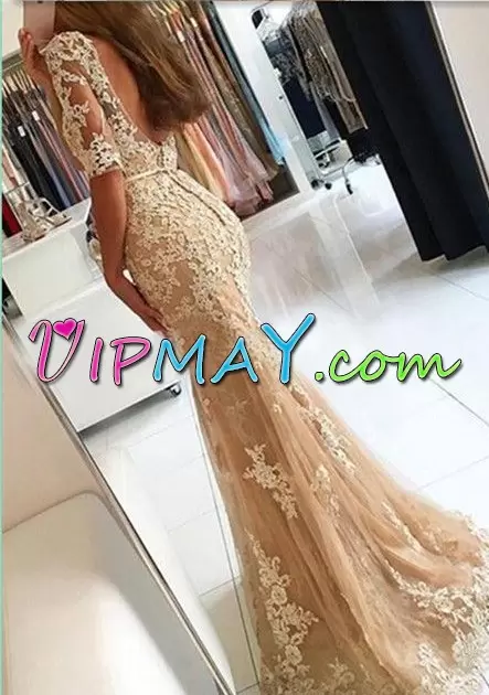Chic Champagne Backless Prom Dress Appliques Half Sleeves Floor Length
