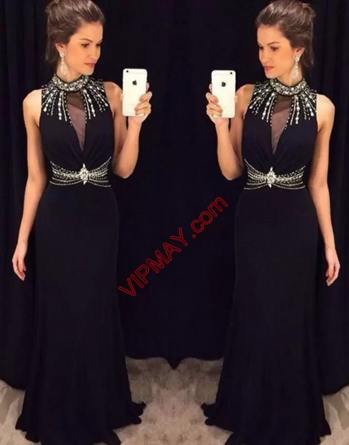 Chic Black Empire Halter Top Sleeveless Satin and Chiffon Floor Length Lace Up Beading and Lace Prom Evening Gown