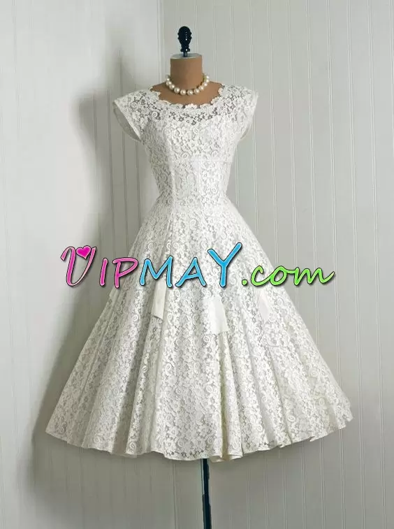 Artistic White Lace Up Prom Dress Ruching Cap Sleeves Mini Length