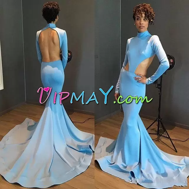 Captivating High-neck Long Sleeves Homecoming Dress Floor Length Court Train Ruching Blue Satin