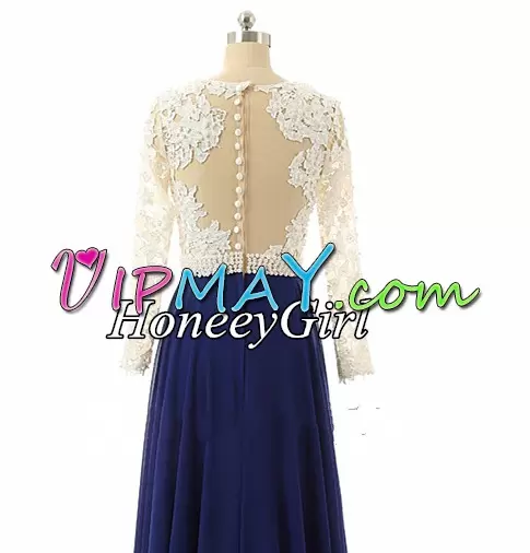Shining Blue And White Long Sleeves Floor Length Beading Clasp Handle Homecoming Dress V-neck