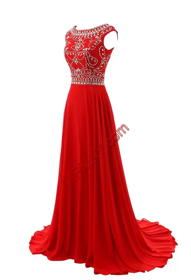 Scoop Sleeveless Sweep Train Zipper Red Chiffon Juniors Prom Dress