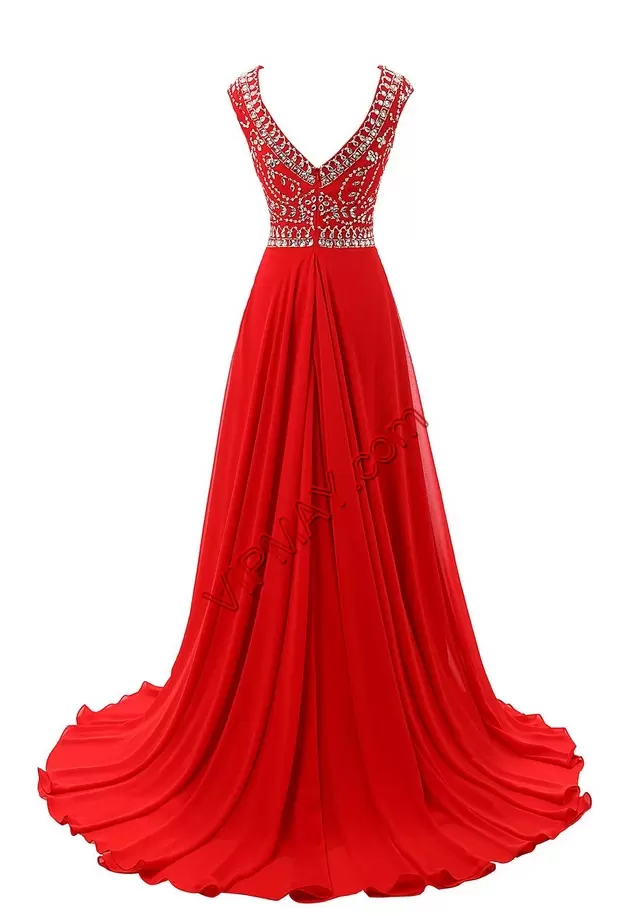 Scoop Sleeveless Sweep Train Zipper Red Chiffon Juniors Prom Dress