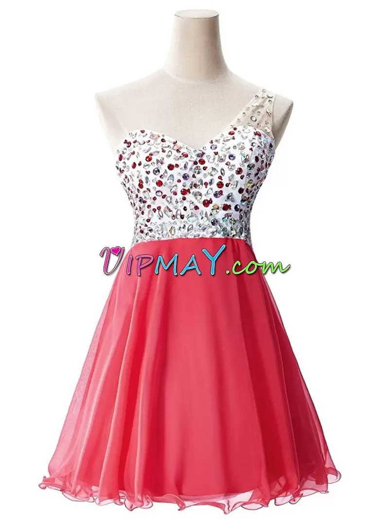 Coral Red One Shoulder Neckline Beading Prom Gown Sleeveless Lace Up