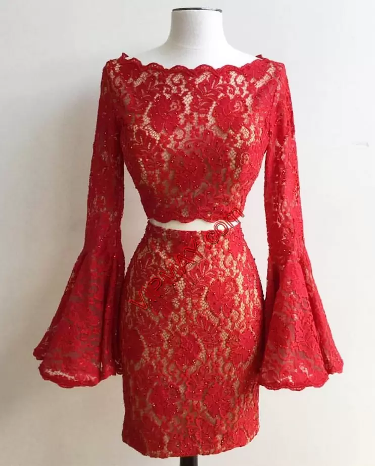 Red Lace Up Scalloped Lace Prom Homecoming Dress Lace Long Sleeves