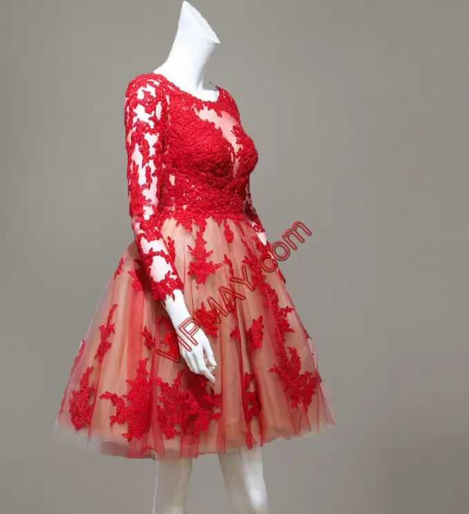 Fitting Long Sleeves Tulle Mini Length Zipper Prom Gown in Red with Lace