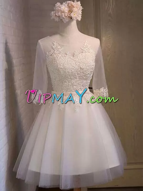 Vintage Champagne Lace Up Scoop Appliques and Belt Tulle Half Sleeves