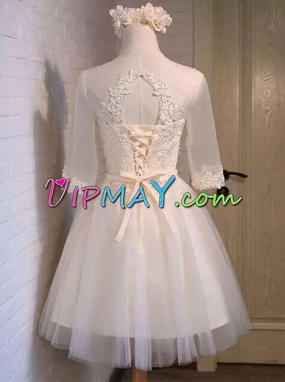 Vintage Champagne Lace Up Scoop Appliques and Belt Tulle Half Sleeves