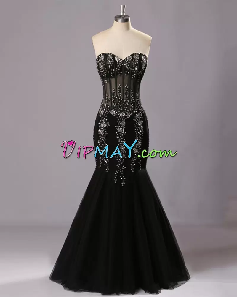 Satin and Tulle Sweetheart Sleeveless Lace Up Beading and Lace in Black