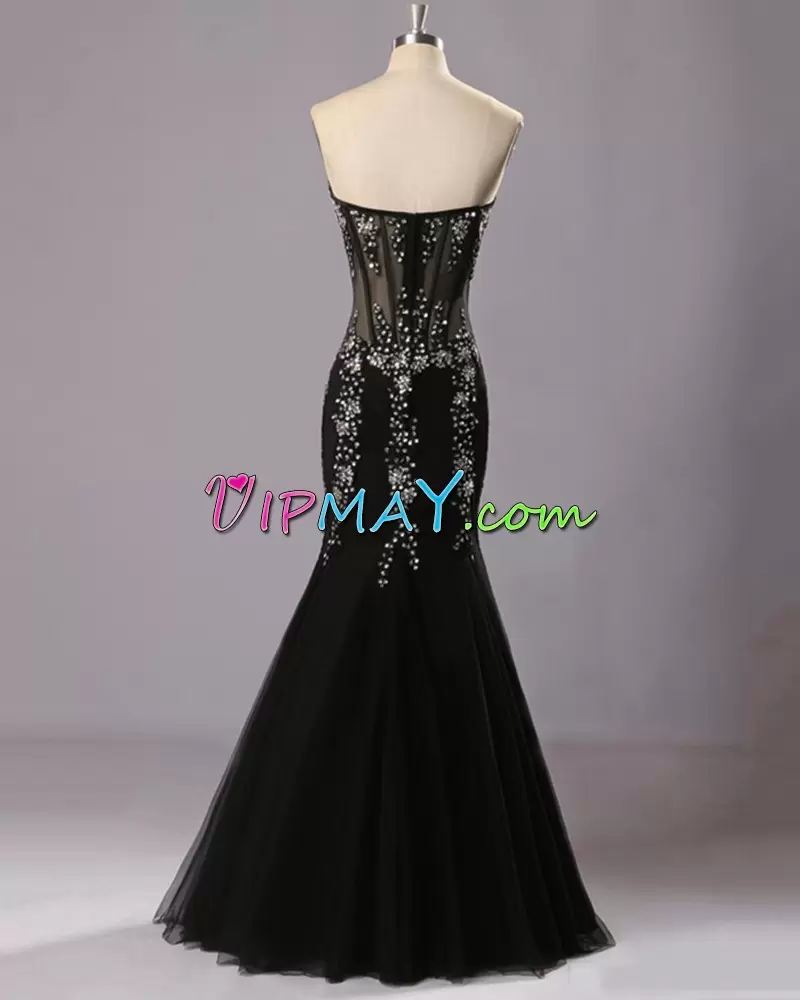 Satin and Tulle Sweetheart Sleeveless Lace Up Beading and Lace in Black