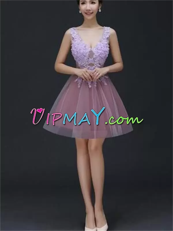 Fantastic Lilac Tulle V-neck Sleeveless Mini Length Prom Evening Gown Lace and Appliques