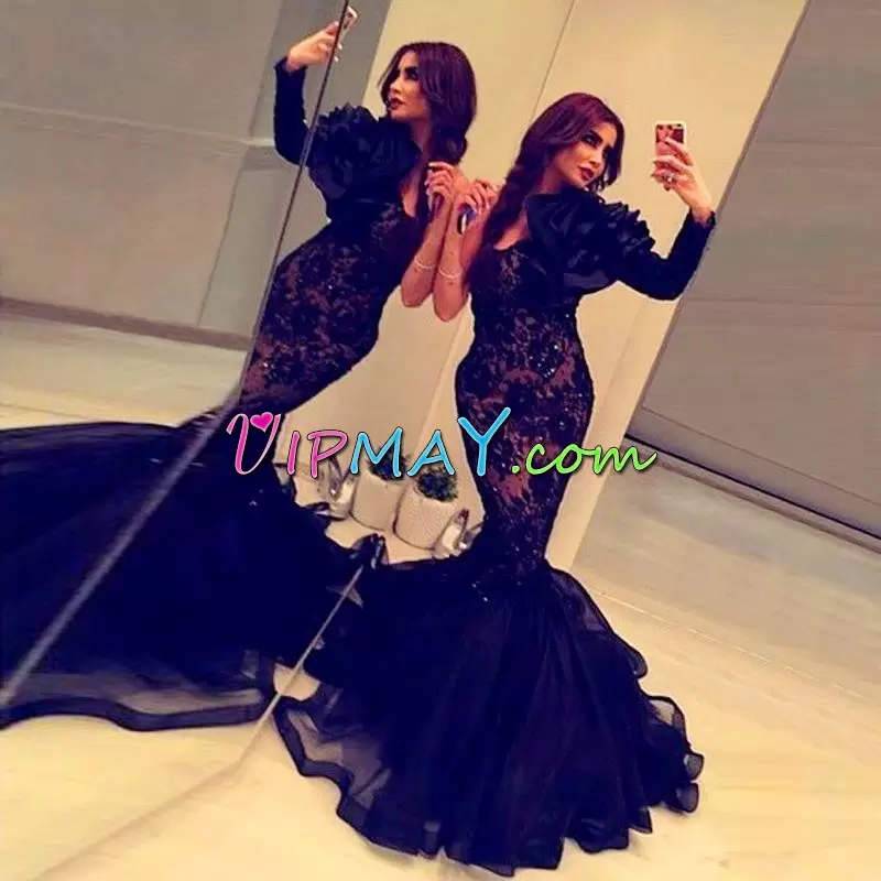 Sophisticated Lace and Appliques Homecoming Dresses Navy Blue Long Sleeves Sweep Train