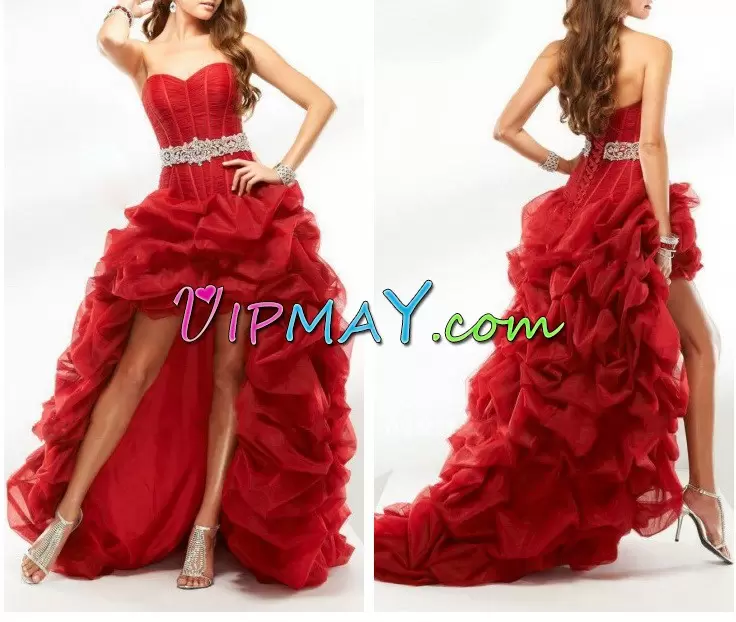 Clearance Red A-line Beading and Ruching Evening Dress Lace Up Organza Sleeveless High Low