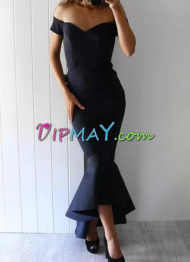 Ankle Length Navy Blue Satin Sleeveless Ruching Prom Dress