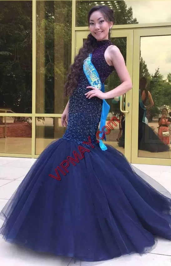 Exquisite Navy Blue Halter Top Neckline Beading Evening Dress Sleeveless Backless