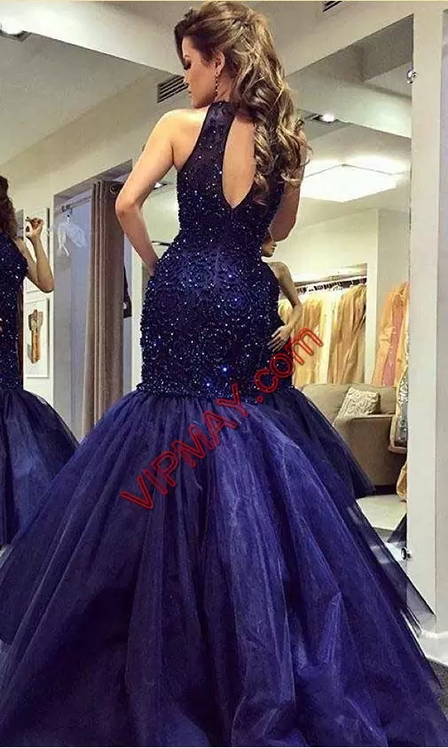 Exquisite Navy Blue Halter Top Neckline Beading Evening Dress Sleeveless Backless