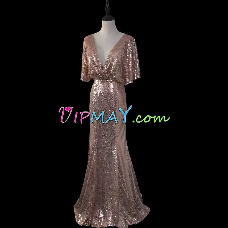 Trendy Half Sleeves V-neck Backless Floor Length Sequins Prom Party Dress V-neck