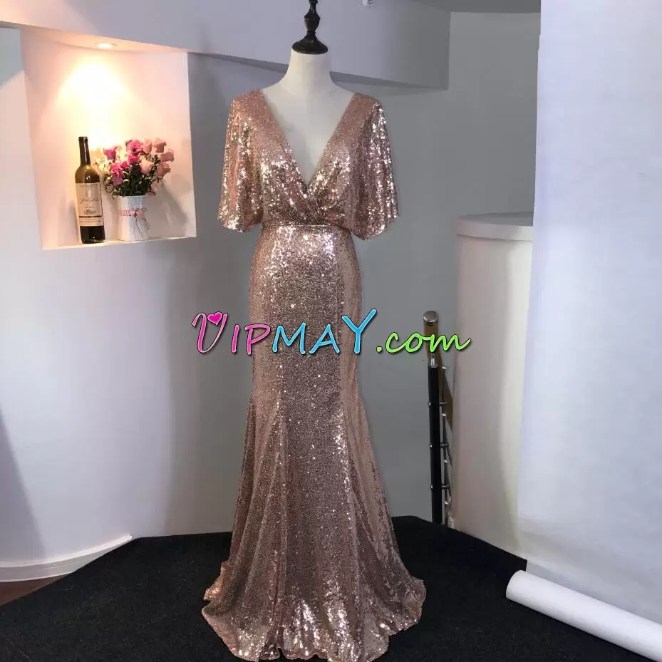 Trendy Half Sleeves V-neck Backless Floor Length Sequins Prom Party Dress V-neck