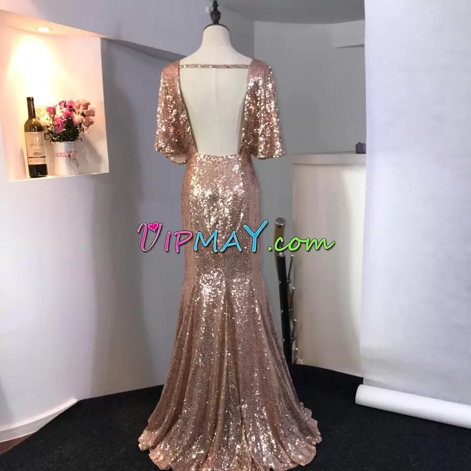 Trendy Half Sleeves V-neck Backless Floor Length Sequins Prom Party Dress V-neck