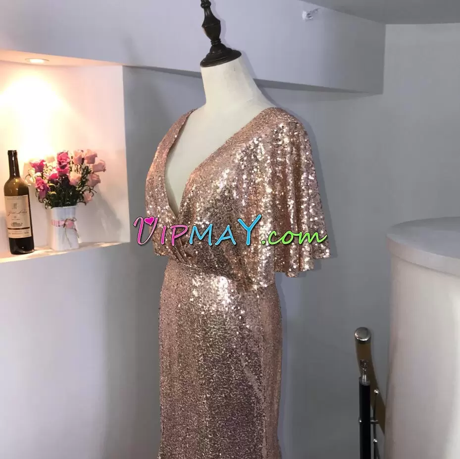 Trendy Half Sleeves V-neck Backless Floor Length Sequins Prom Party Dress V-neck