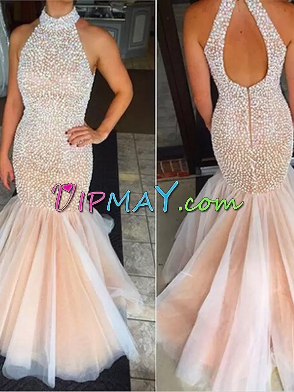 Cute Pink And White High-neck Neckline Beading Prom Gown Sleeveless Backless