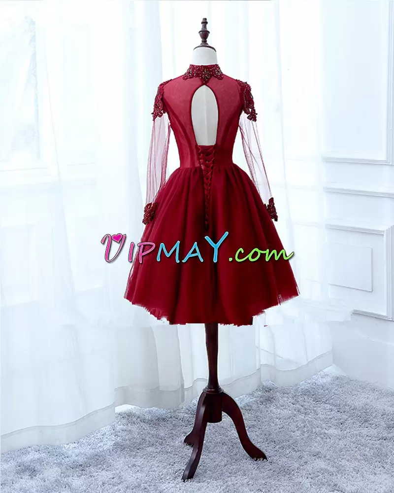 Latest Burgundy Long Sleeves Tulle Lace Up Homecoming Gowns for Prom and Party