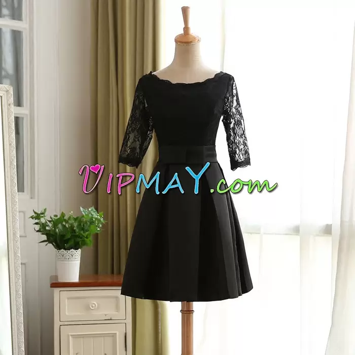 Half Sleeves Satin Mini Length Lace Up Homecoming Party Dress in Black with Lace