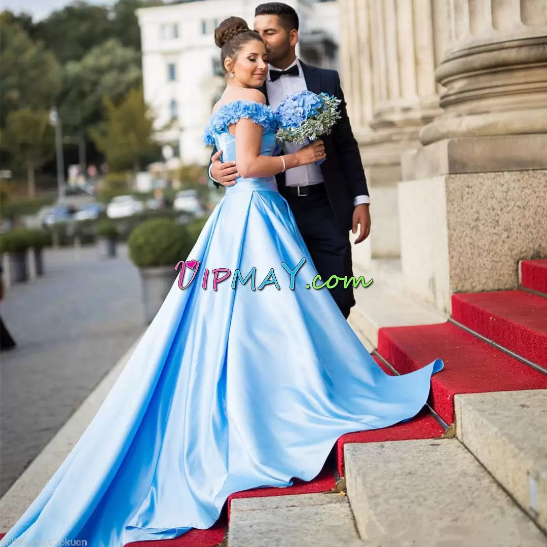 Wonderful Sweetheart Sleeveless Prom Dress Floor Length Sweep Train Beading and Lace Blue Satin