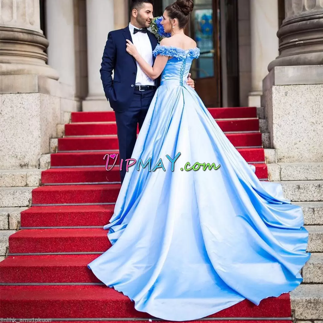 Wonderful Sweetheart Sleeveless Prom Dress Floor Length Sweep Train Beading and Lace Blue Satin