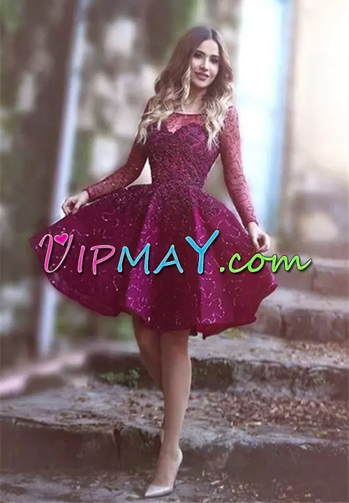 Beauteous Red A-line Scoop Long Sleeves Mini Length Lace Up Beading Dress for Prom