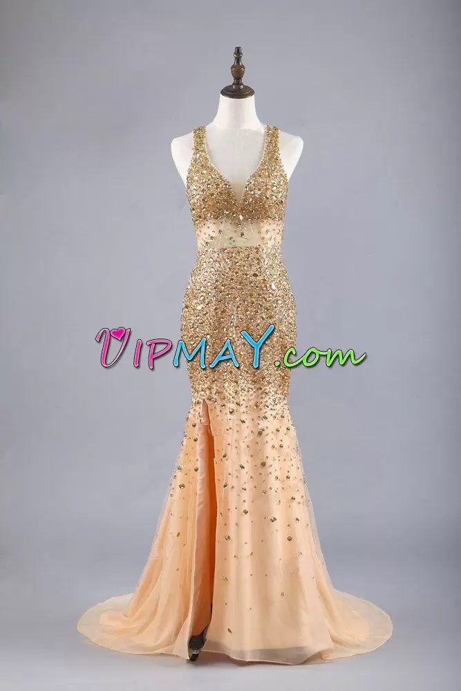 Beautiful Champagne Mermaid Tulle V-neck Sleeveless Beading Zipper Evening Outfits Brush Train