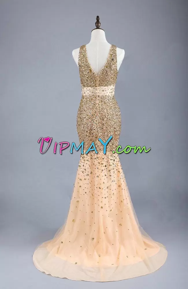 Beautiful Champagne Mermaid Tulle V-neck Sleeveless Beading Zipper Evening Outfits Brush Train