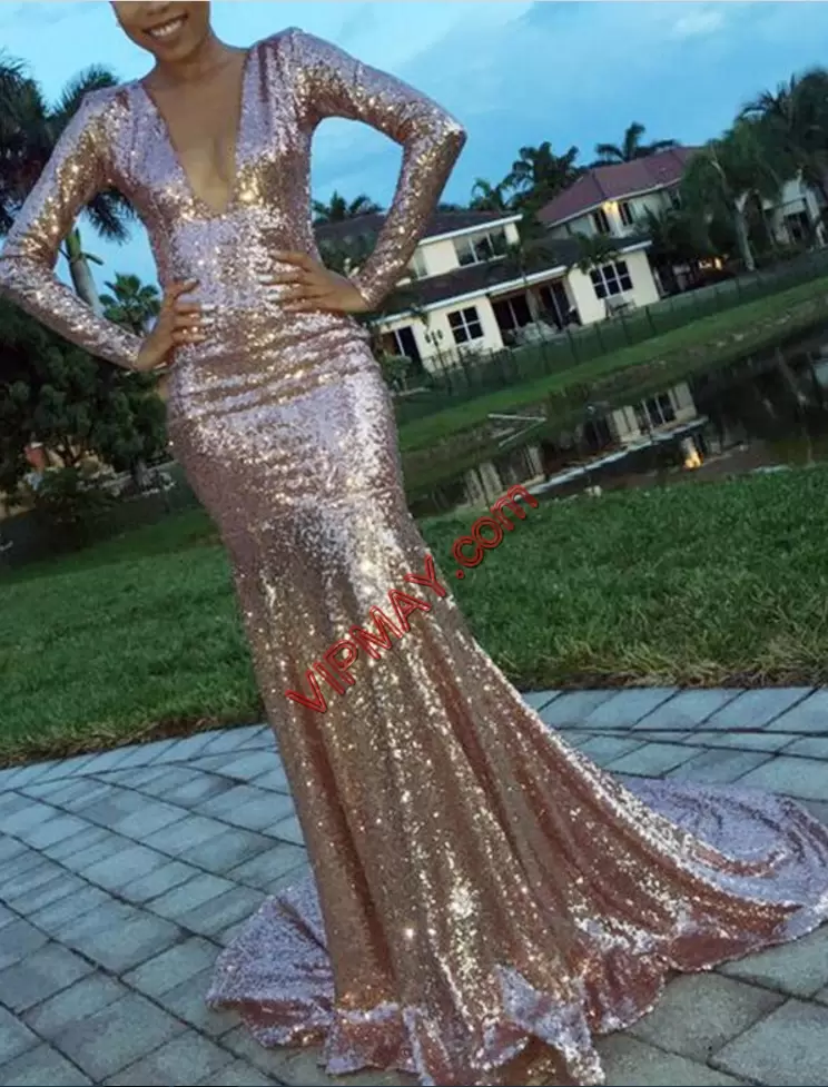 Gold Mermaid V-neck Long Sleeves Sequined Sweep Train Backless Sequins Prom Gown