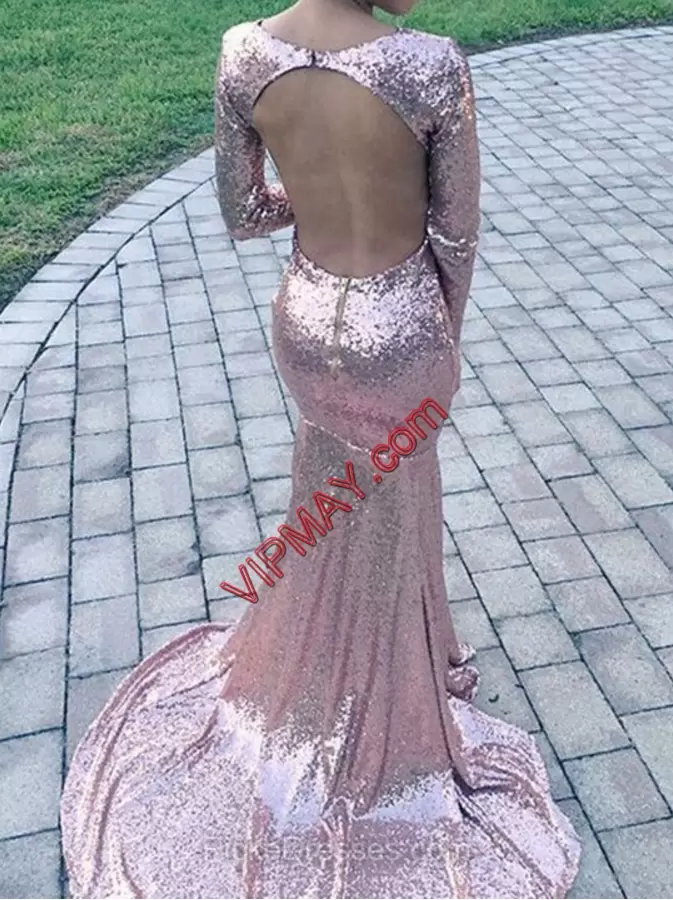 Gold Mermaid V-neck Long Sleeves Sequined Sweep Train Backless Sequins Prom Gown