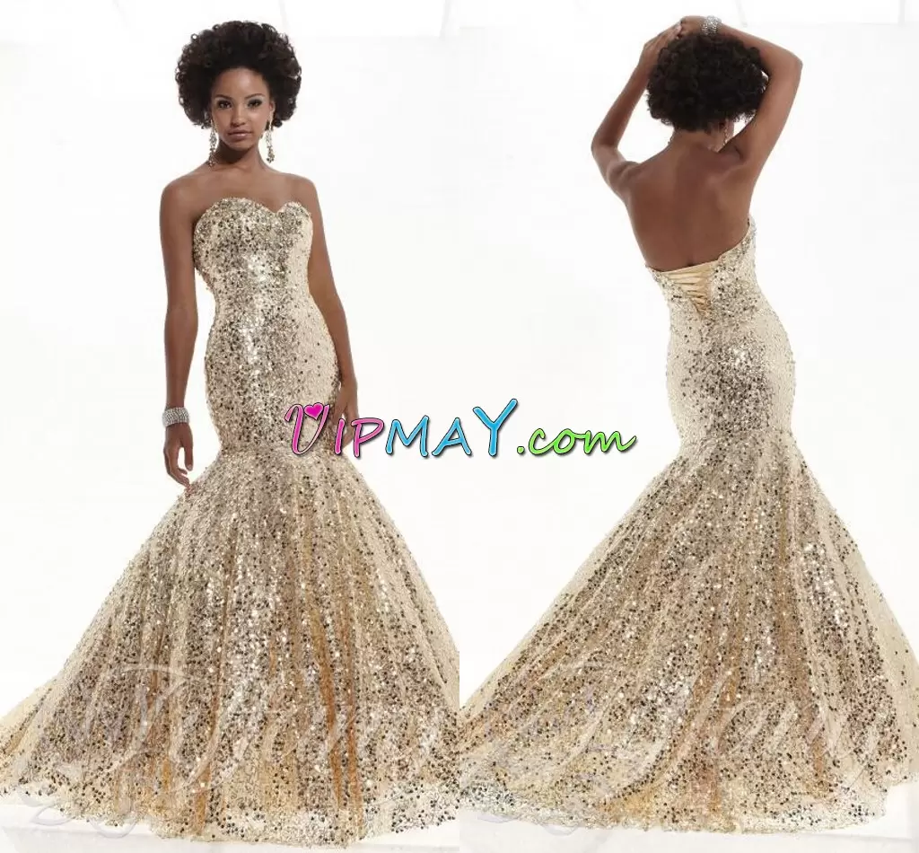 Inexpensive Sweetheart Sleeveless Sweep Train Lace Up Prom Evening Gown Gold Sequined Sequins