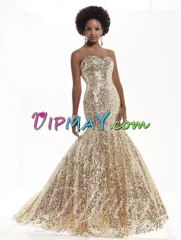 Inexpensive Sweetheart Sleeveless Sweep Train Lace Up Prom Evening Gown Gold Sequined Sequins