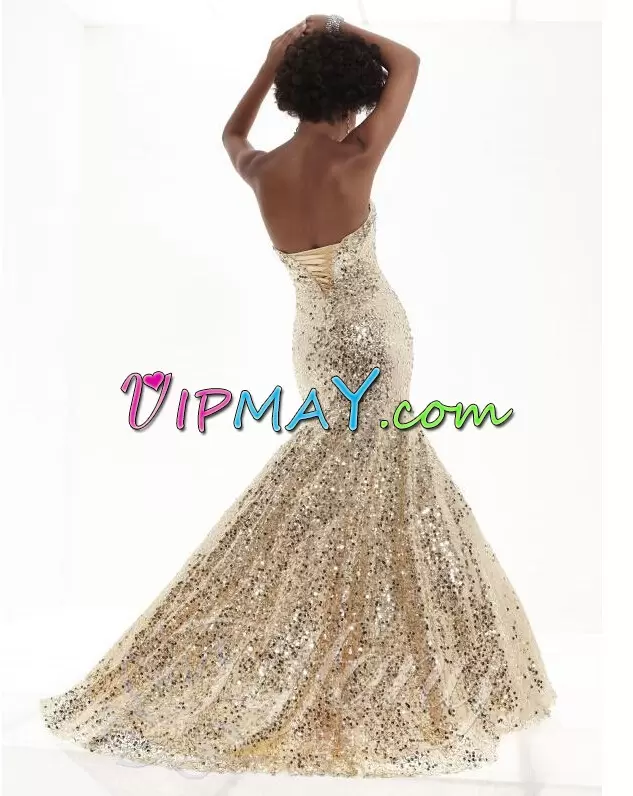 Inexpensive Sweetheart Sleeveless Sweep Train Lace Up Prom Evening Gown Gold Sequined Sequins