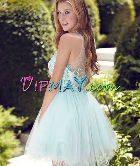 Elegant Apple Green Tulle Sleeveless Mini Length Beading