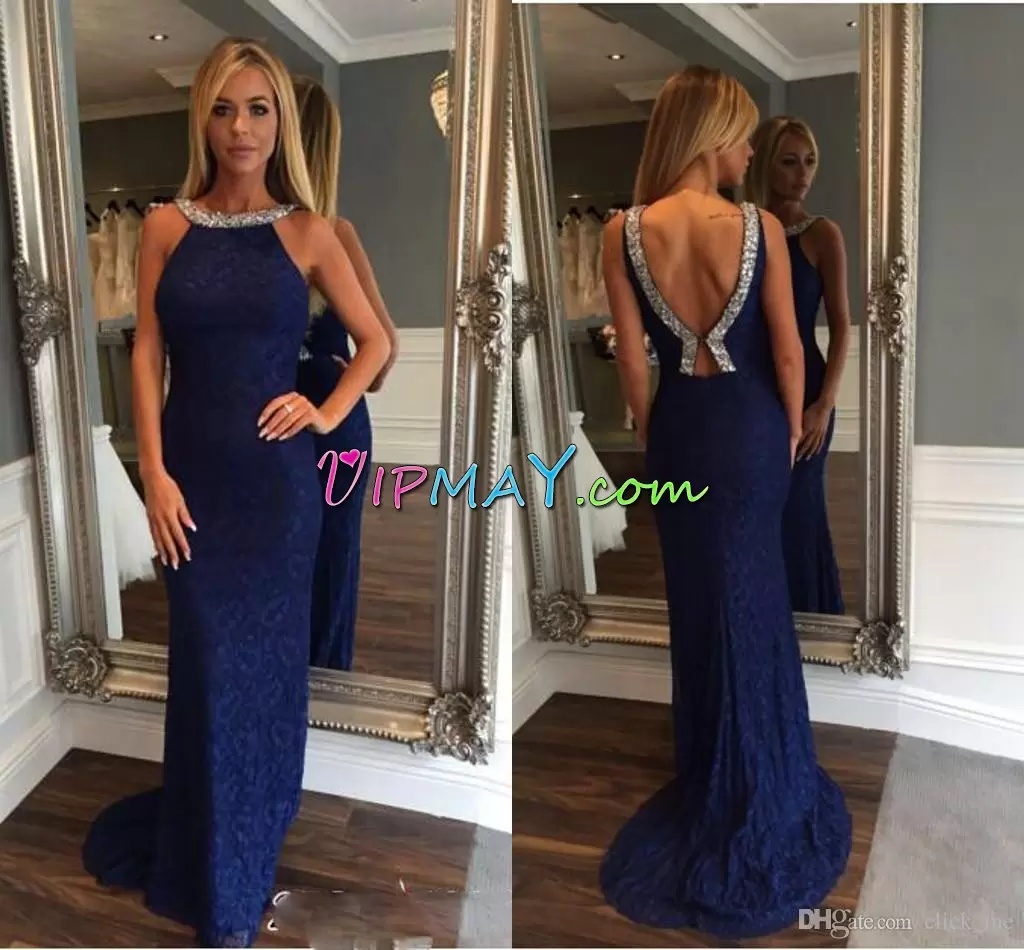 Comfortable Navy Blue Column Sheath Scoop Sleeveless Lace Sweep Train Backless Beading Dress for Prom