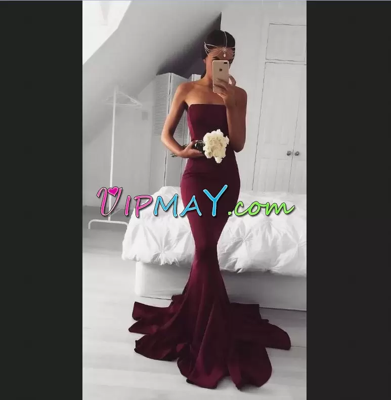 Burgundy Mermaid Strapless Sleeveless Floor Length Brush Train Lace Up Ruching Homecoming Dress Online